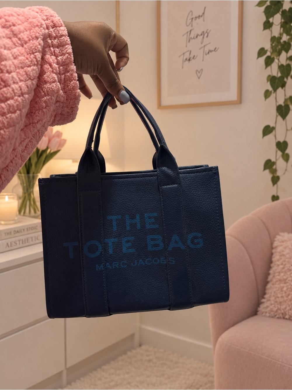 Marc Jacobs Navy Blue Pebbled Leather 'The Tote Bag' Small Tote